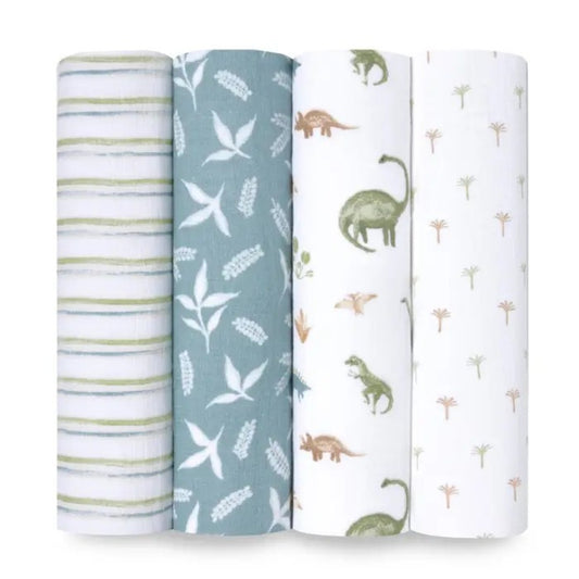 aden + anais Essentials Cotton Muslin Swaddle Blankets 4 Pack in Dino Jungle on white background