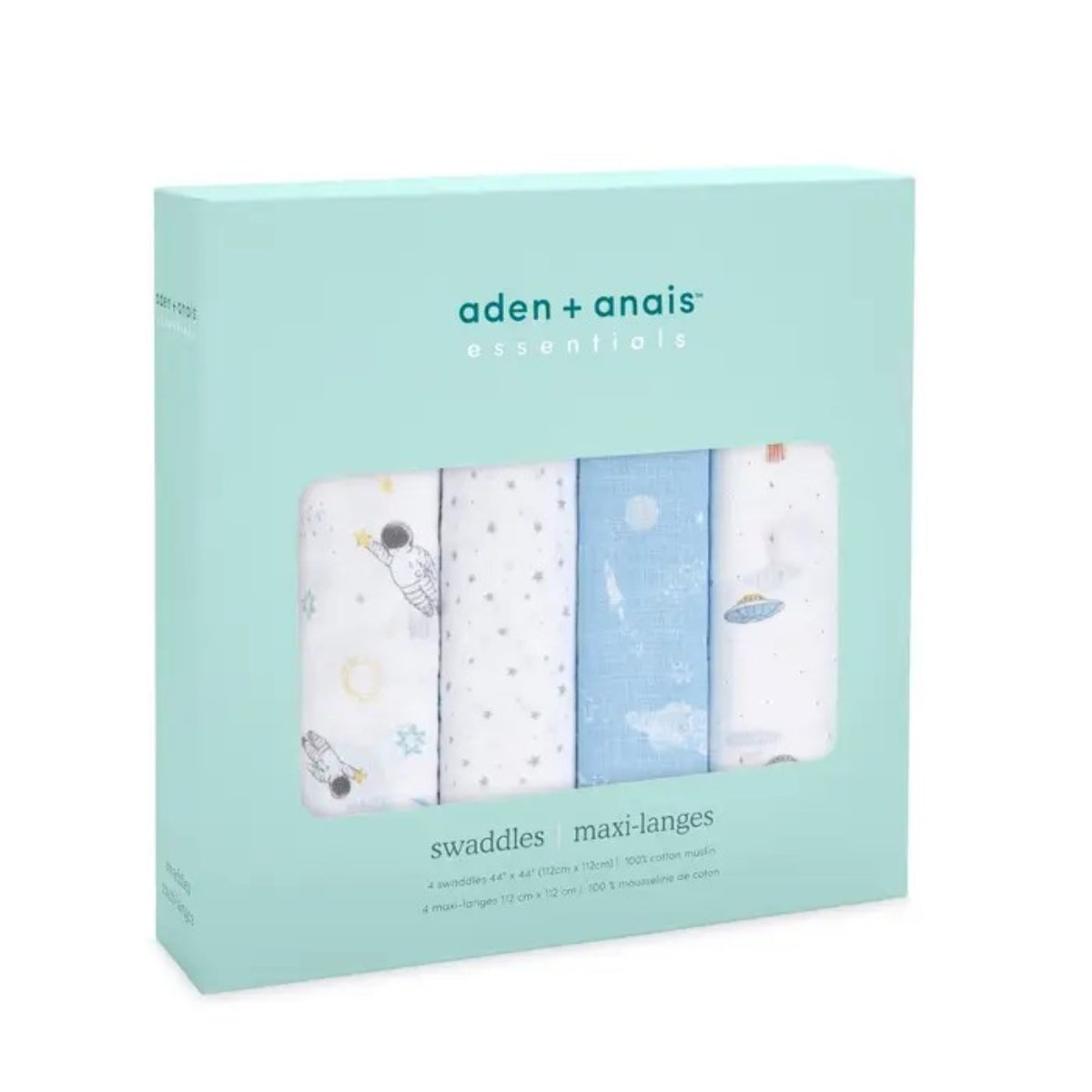 aden + anais Essentials Cotton Muslin Swaddle Blankets 4 Pack in Space Explorers in mint coloured retail packaging box
