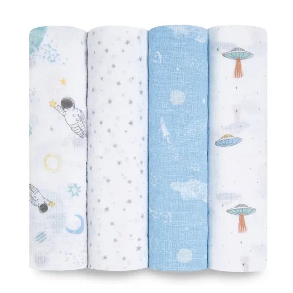 aden + anais Essentials Cotton Muslin Swaddle Blankets 4 Pack in Space Explorers on plain white background
