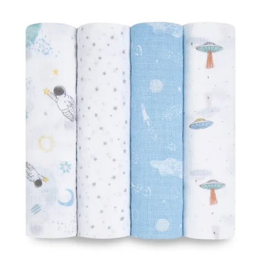 aden + anais Essentials Cotton Muslin Swaddle Blankets 4 Pack in Space Explorers on plain white background