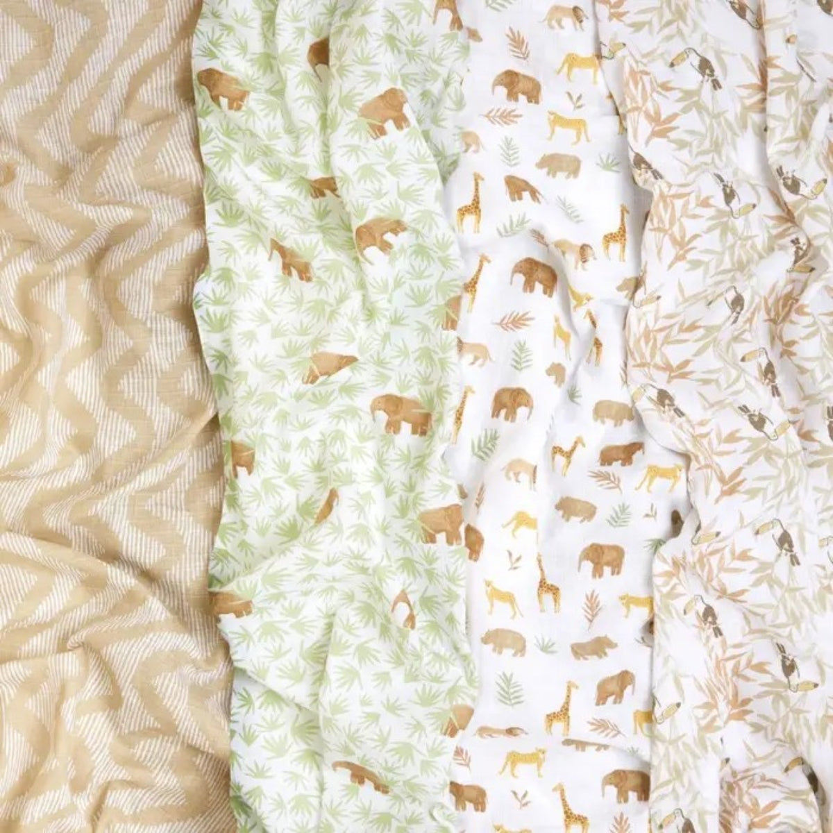 close up of patterns on aden + anais Essentials Cotton Muslin Swaddle Blankets 4 Pack in Tanzania.