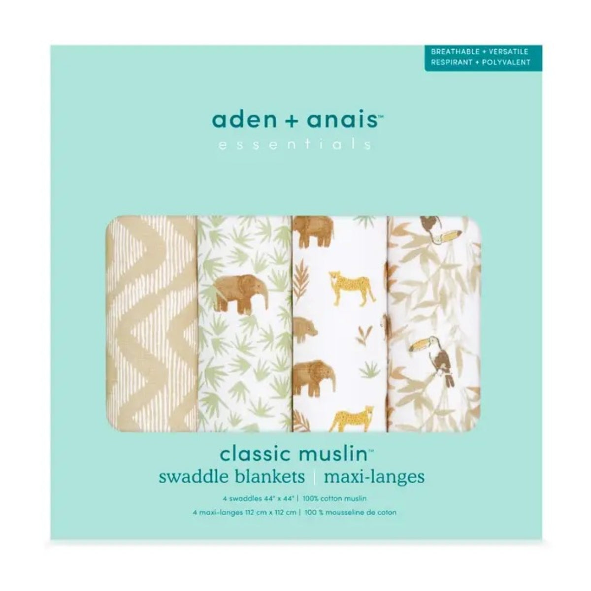 aden + anais Essentials Cotton Muslin Swaddle Blankets 4 Pack in Tanzania shown in their retail packaging display box
