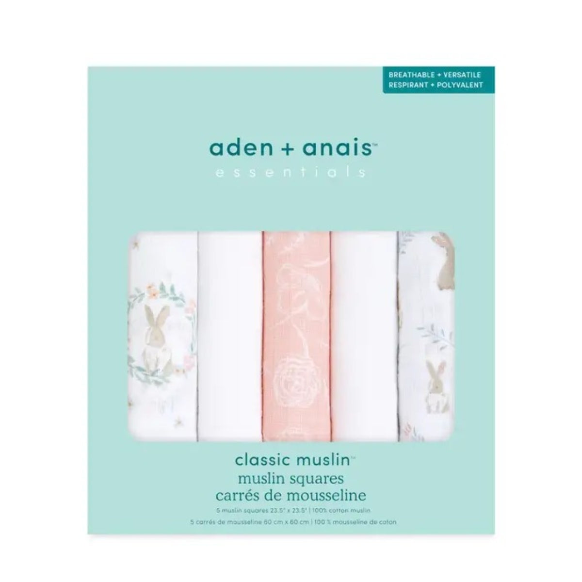 den + anais Essentials Cotton Muslin Squares 5 Pack in Blushing Bunnies in mint coloured retail display packaging
