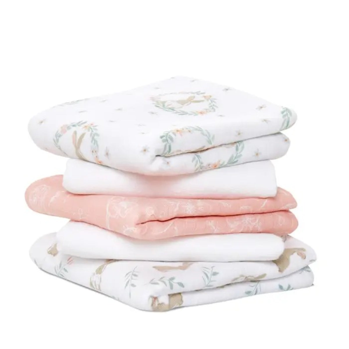 den + anais Essentials Cotton Muslin Squares 5 Pack in Blushing Bunnies on plain white background