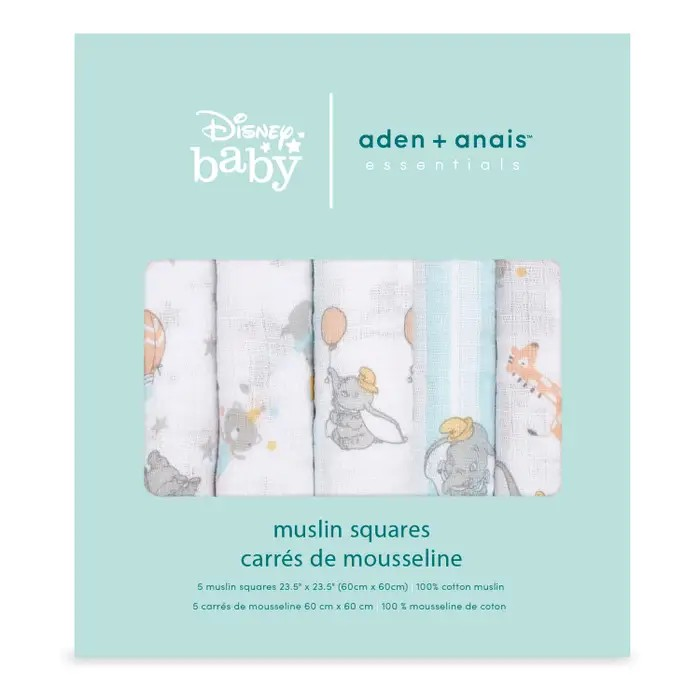 aden + anais Essentials Cotton Muslin Squares 5 Pack in Dumbo New Heights in retail packaging box