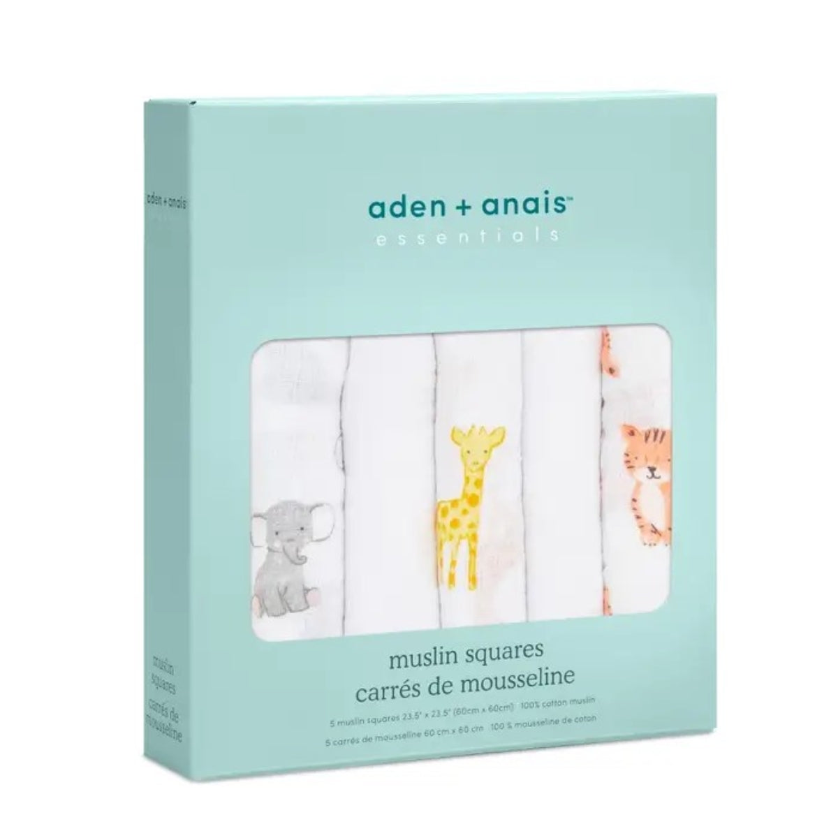 aden + anais Essentials Cotton Muslin Squares 5 Pack in Safari Babes in retail packaging