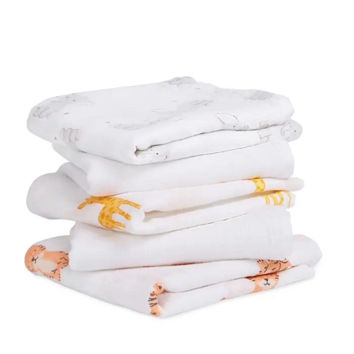 aden + anais Essentials Cotton Muslin Squares 5 Pack in Safari Babes on plain white background