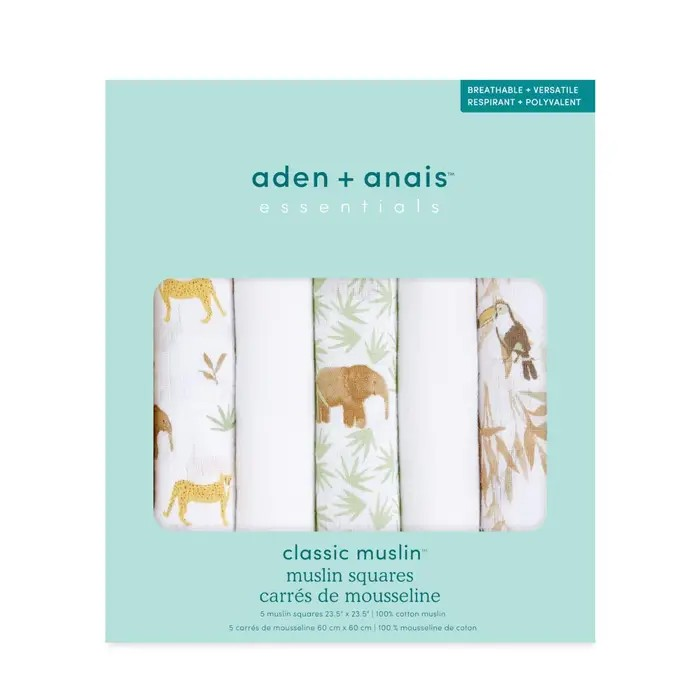 aden + anais Essentials Cotton Muslin Squares 5 Pack in Tanzania in retail display gift box packaging