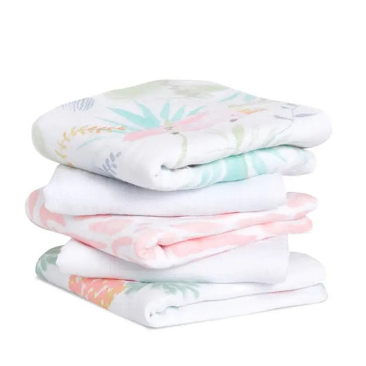 aden + anais Essentials Cotton Muslin Squares 5 Pack in Tropicalia on plain white background