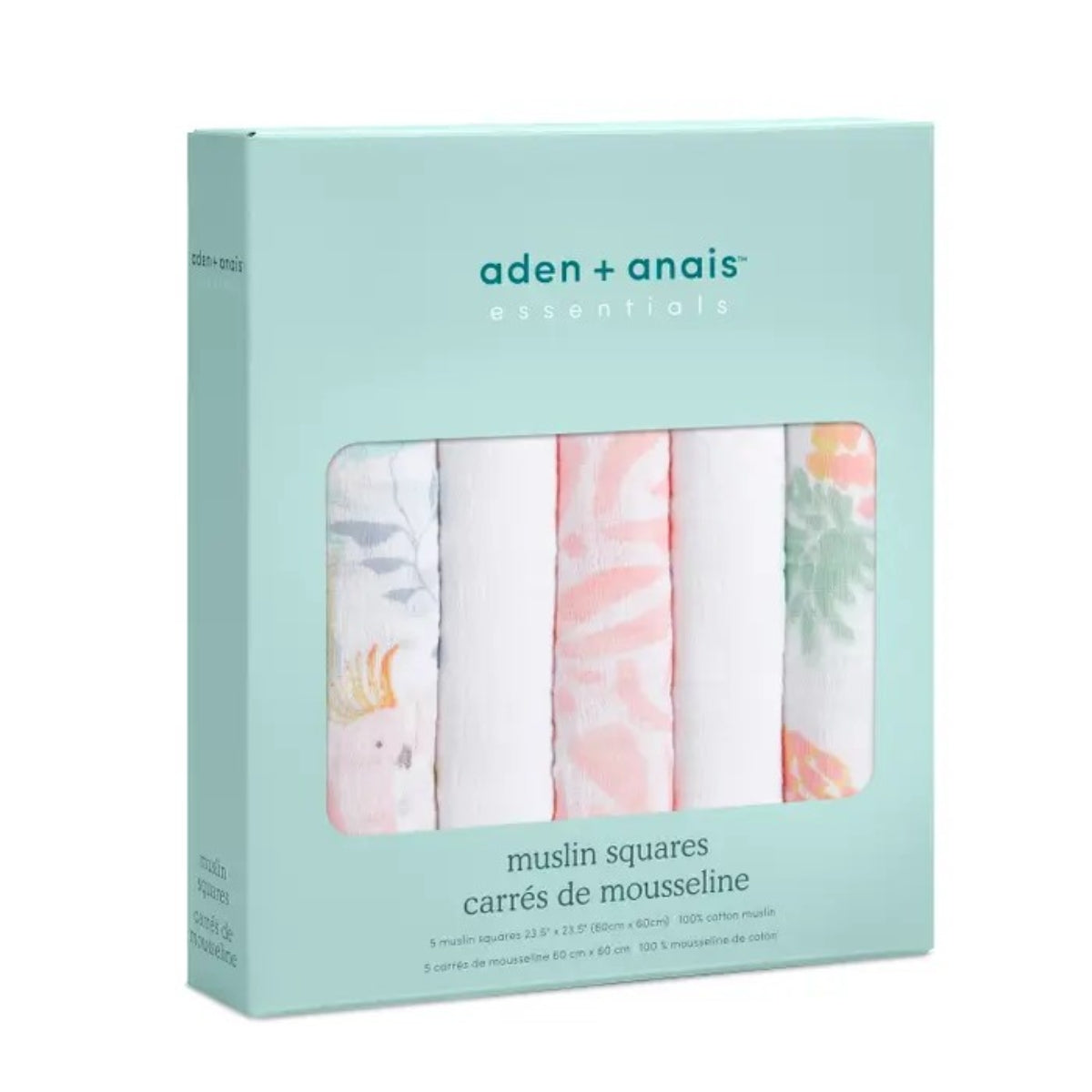 aden + anais Essentials Cotton Muslin Squares 5 Pack in Tropicalia in retail display packaging