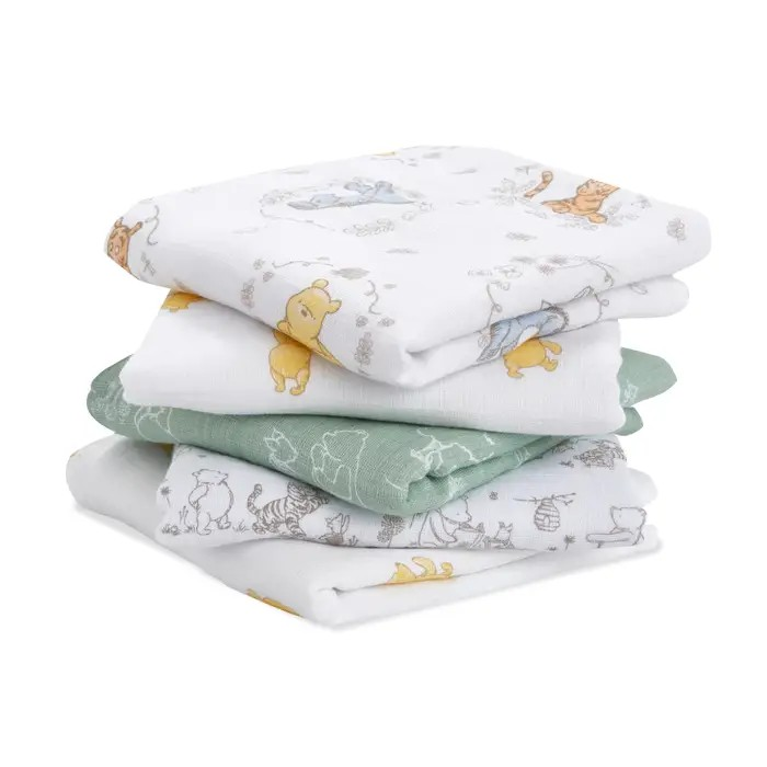 aden + anais Essentials Cotton Muslin Squares 5 Pack in Winnie + Friends on plain white background