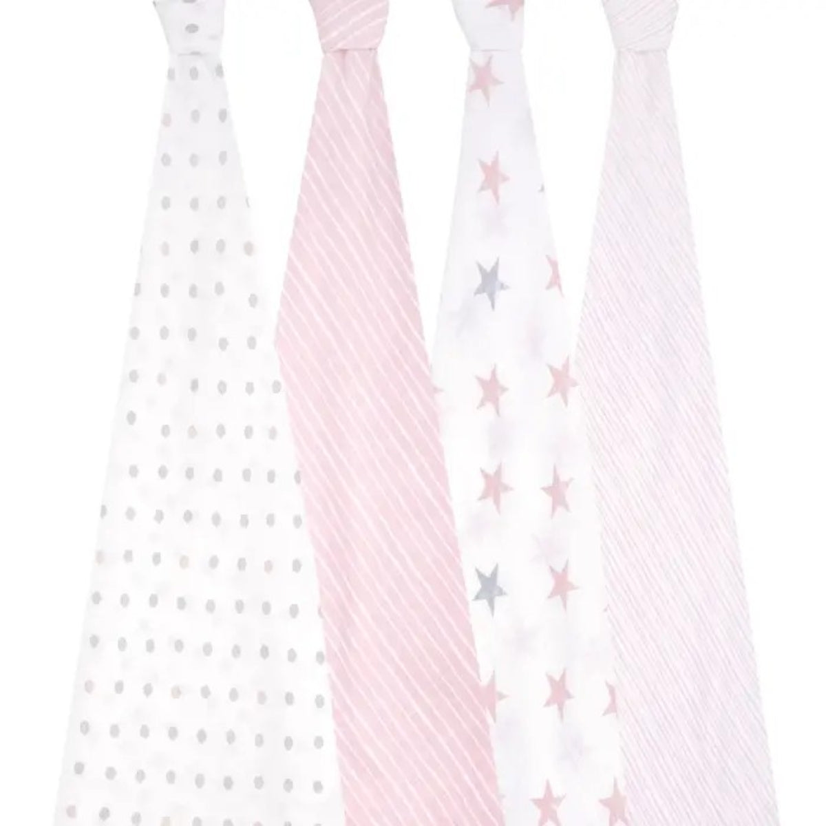 Four cotton muslin baby swaddle blankets featuring white, light pink, and pale gray patterns including polka dots, diagonal stripes, and stars.