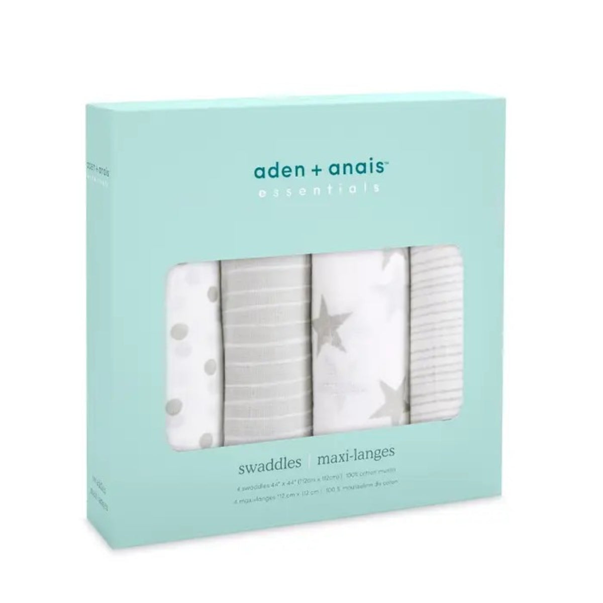 aden + anais Essentials Cotton Muslin Swaddle Blankets 4 Pack in Dusty in mint coloured retail display packaging