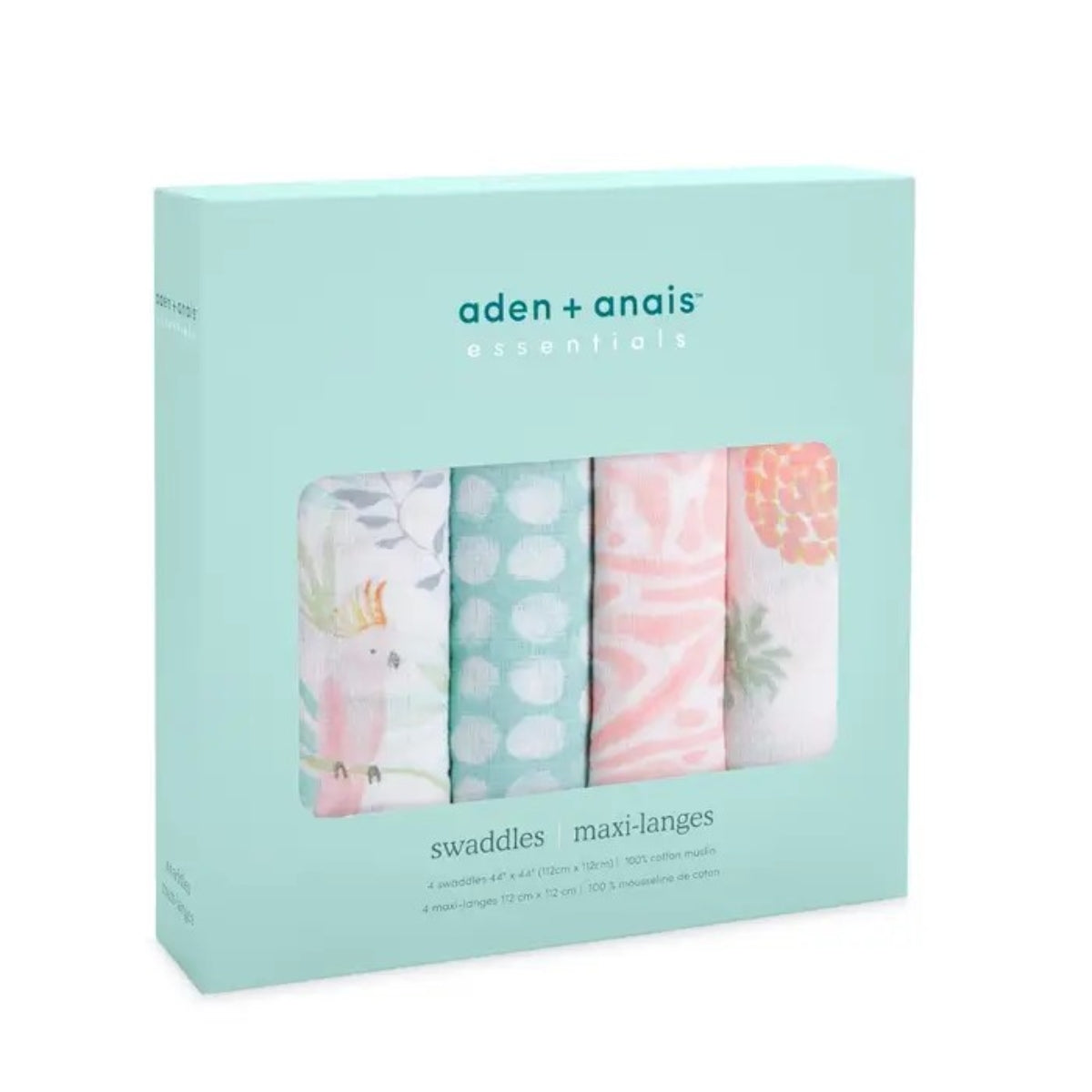 aden + anais Essentials Cotton Muslin Swaddle Blankets 4 Pack in Tropicalia in mint coloured retail packaging box