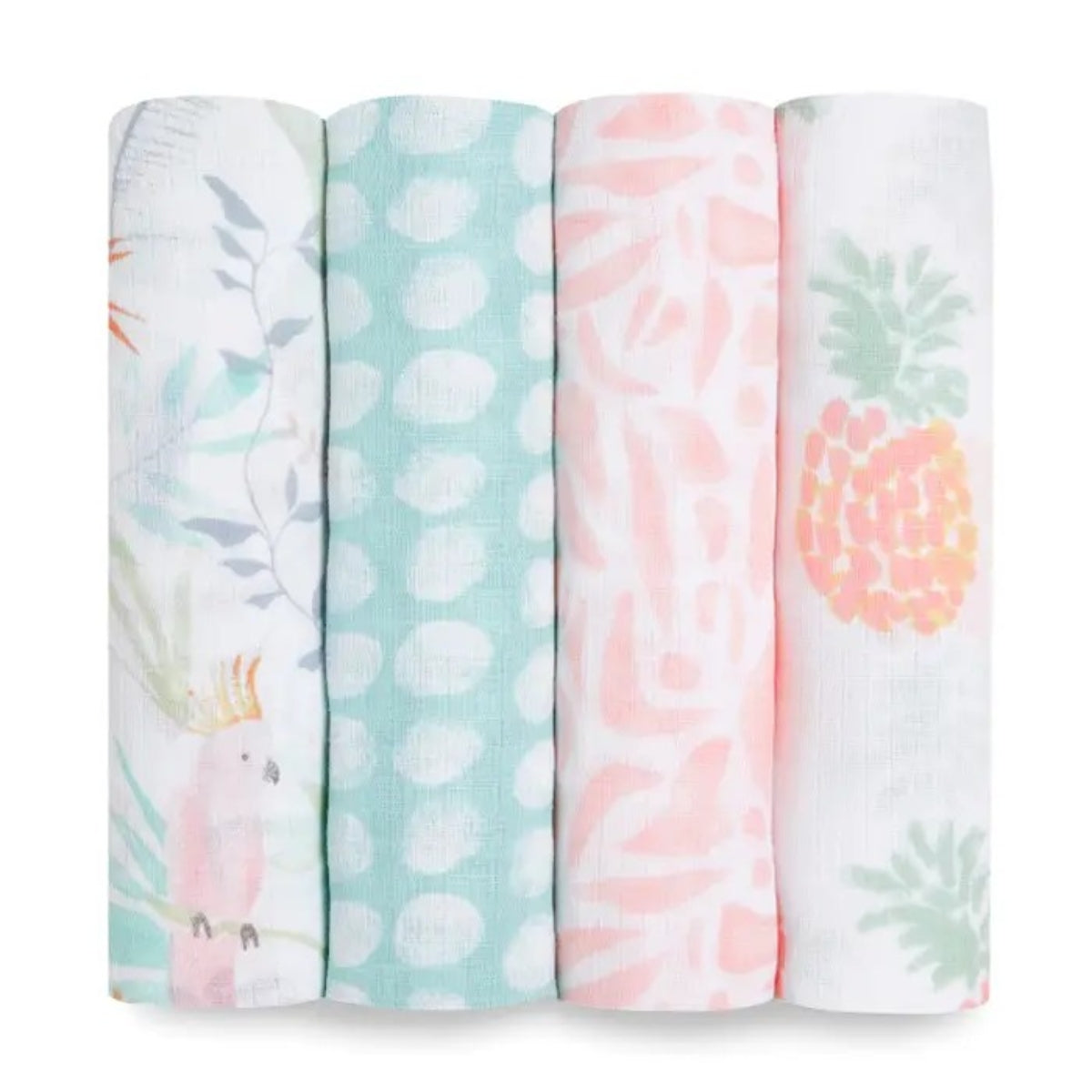 aden + anais Essentials Cotton Muslin Swaddle Blankets 4 Pack in Tropicalia on plain white background