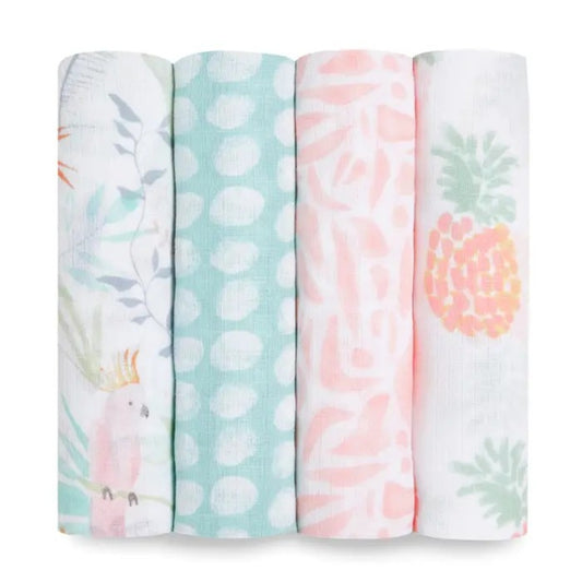 aden + anais Essentials Cotton Muslin Swaddle Blankets 4 Pack in Tropicalia on plain white background