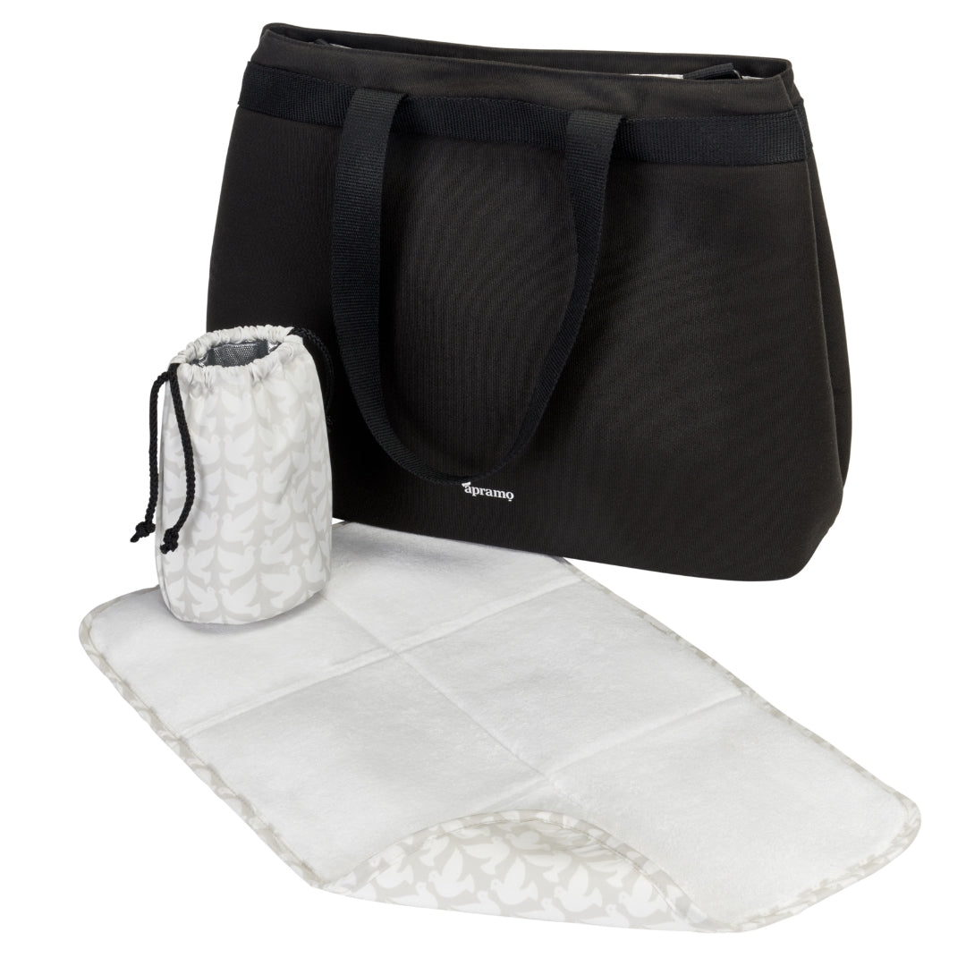 black baby changing tote bag with insulated bottle holder and changing mat