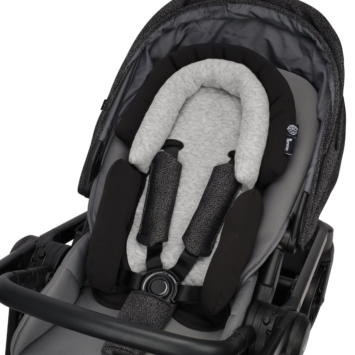 apramo cosy snug 2-in-1 newborn infant head and body cushion in black and grey in pushchair