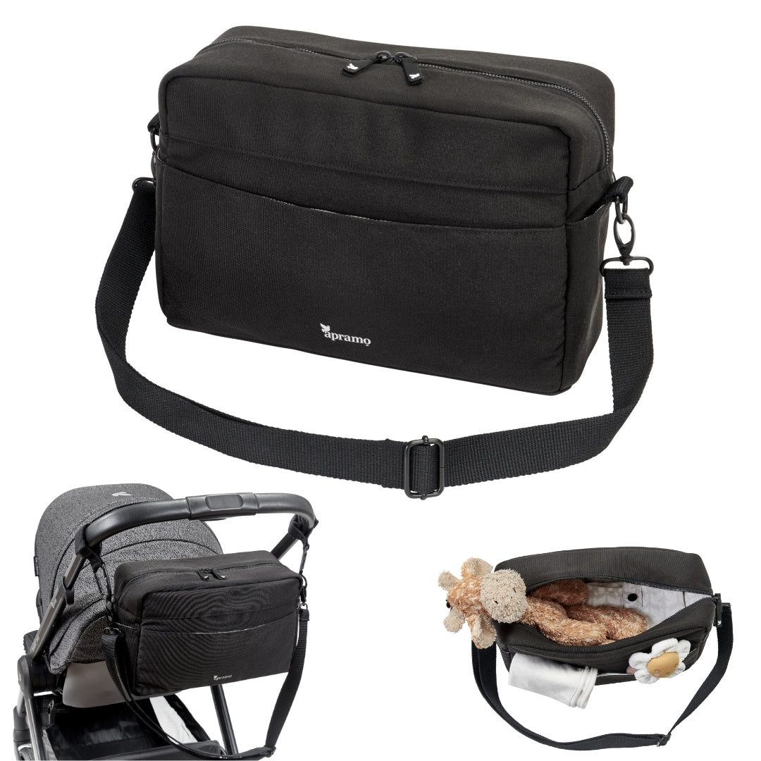 black stroller oganiser with shoulder strap shown on puschair and open with toys in