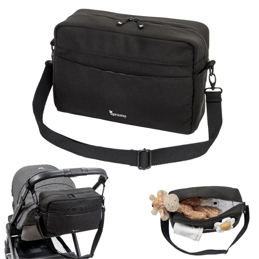 black stroller oganiser with shoulder strap shown on puschair and open with toys in
