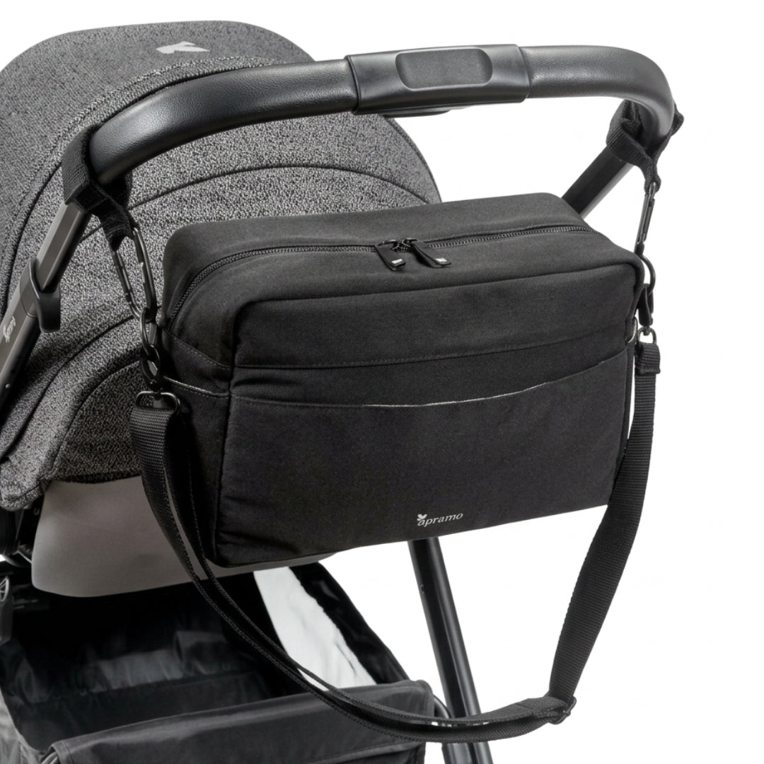 apramo universal stroller organiser black attached to pushchair with stroller hooks