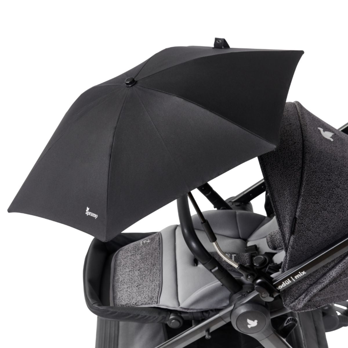 black apramo stroller parasol attached to black and grey stroller