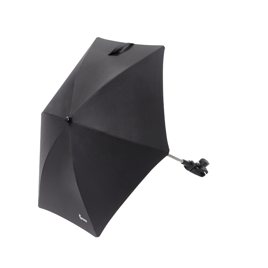 A black apramo universal stroller parasol on plain white background