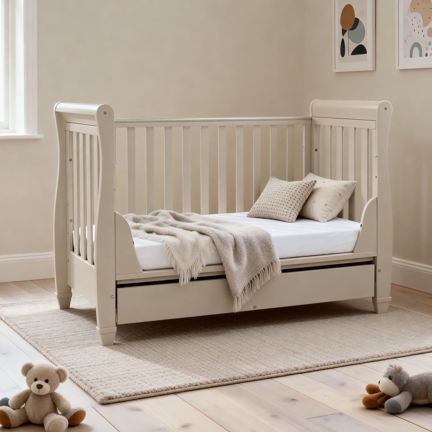 babymore eva sleigh cot bed cashmere with setup with open side as toddler bed