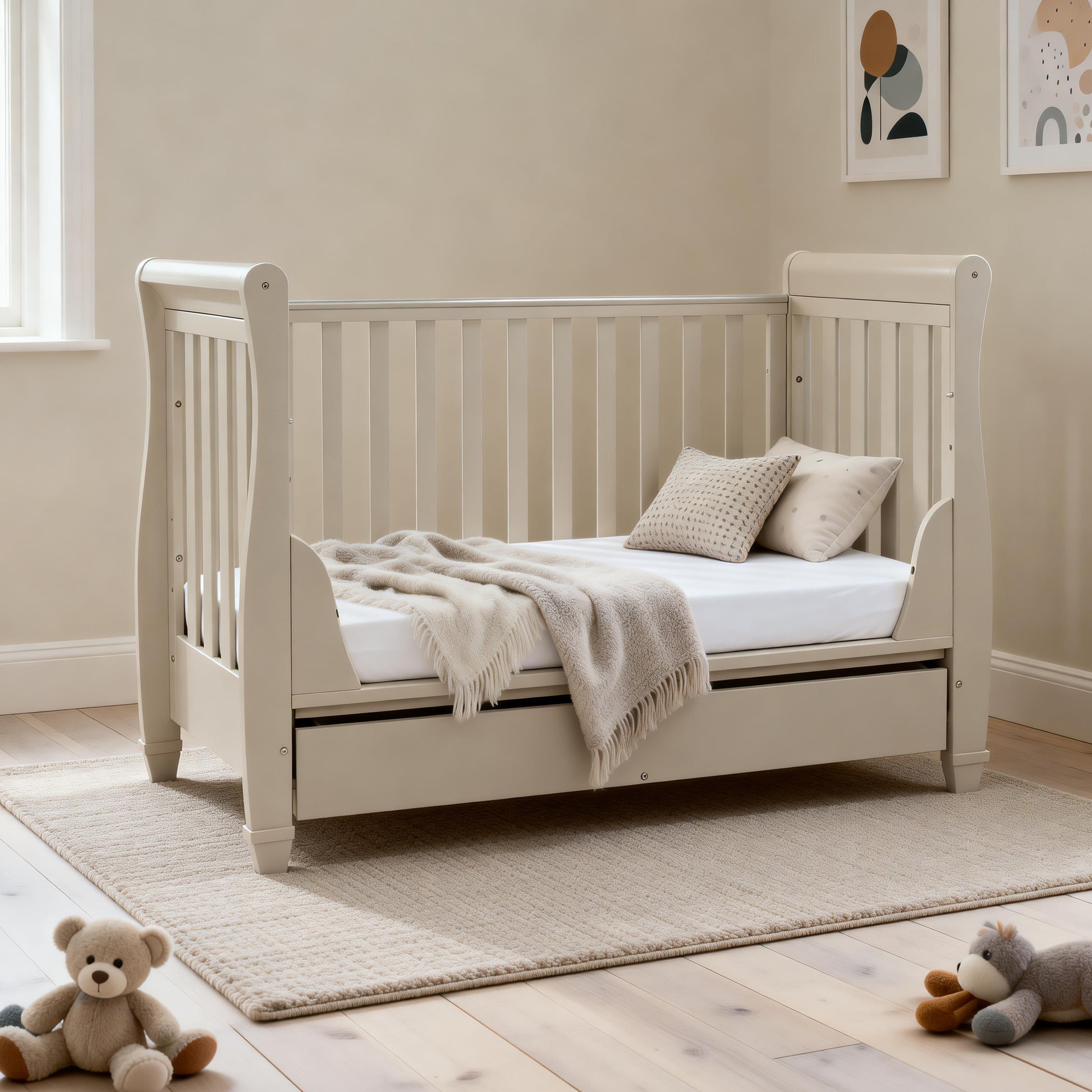 babymore eva sleigh cot bed cashmere with setup with open side as toddler bed