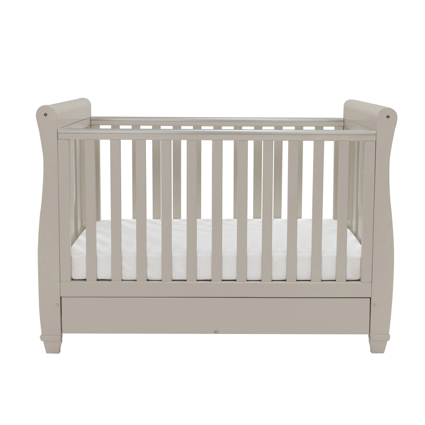 babymore eva sleigh dropside cot bed cashmere on plain white background