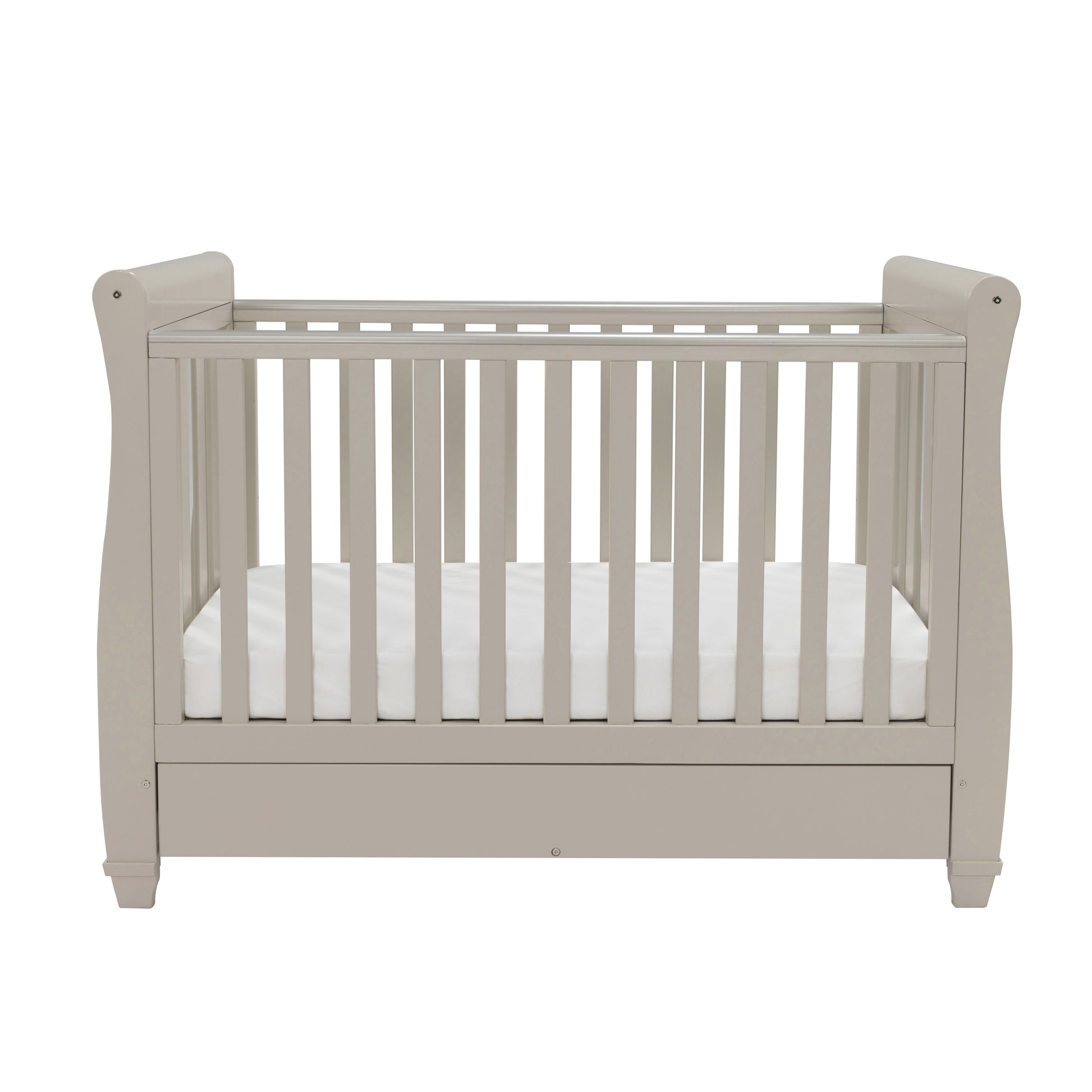 babymore eva sleigh dropside cot bed cashmere on plain white background