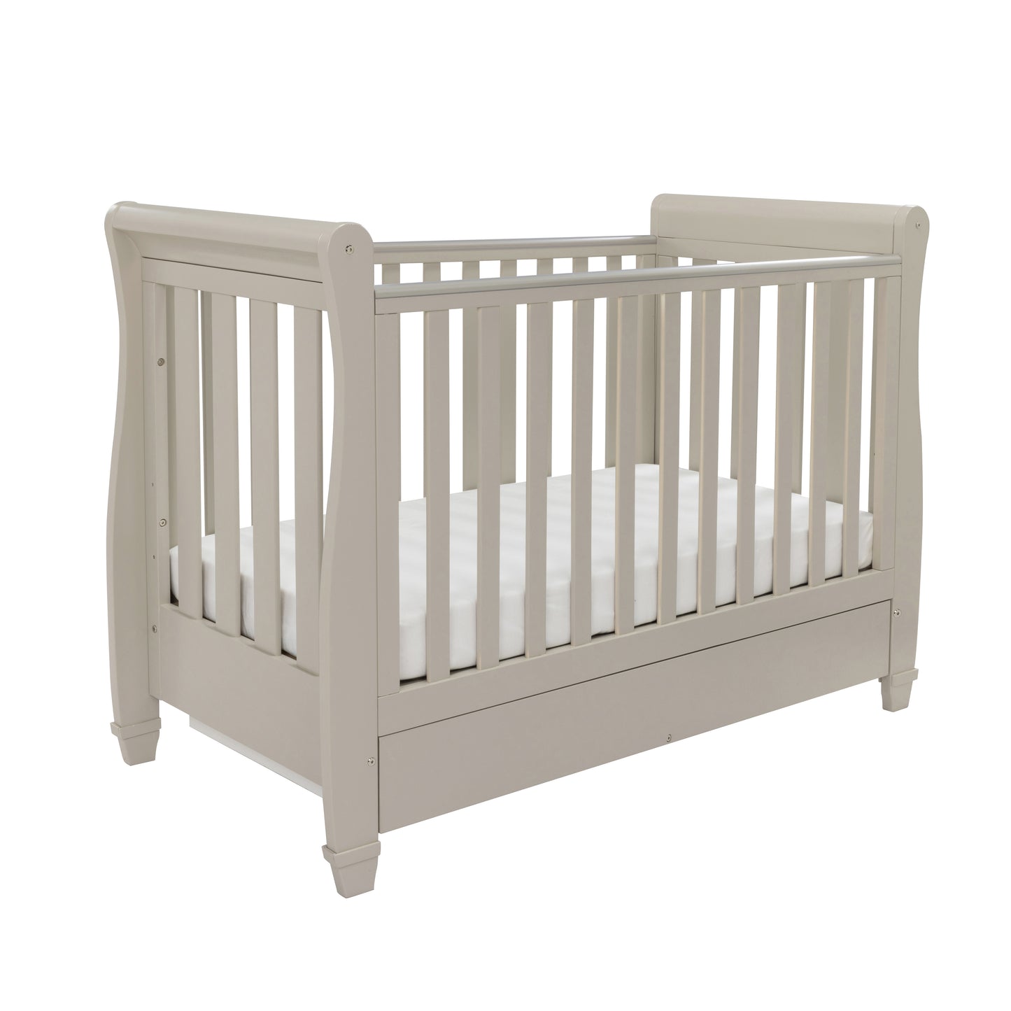 babymore eva sleigh cot bed with underbed storage drawer cashmere on plain white background
