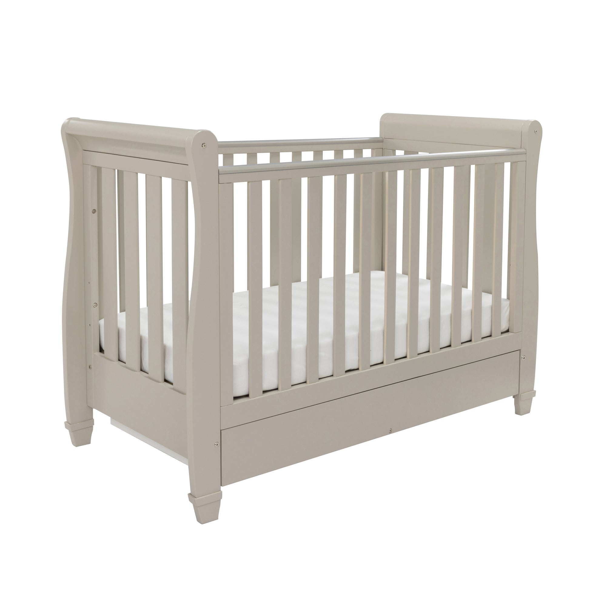 babymore eva sleigh cot bed with underbed storage drawer cashmere on plain white background