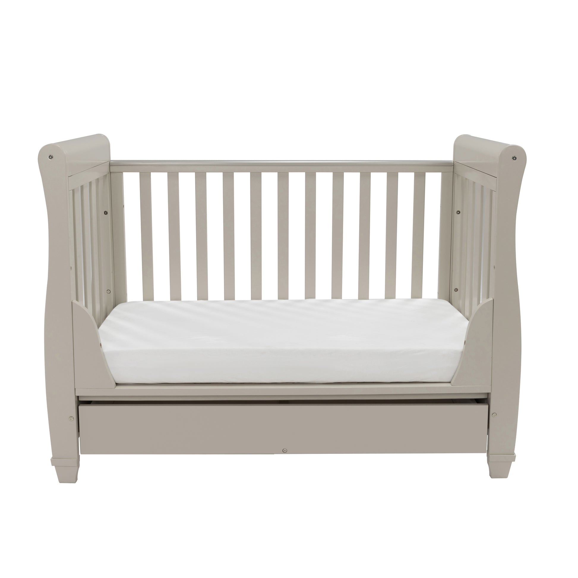 babymore eva sleigh cot bed cashmere with open side as toddler bed on plain white background