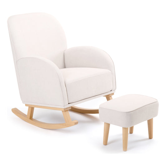 A cream-colored Babymore Freya Nursing Chair with a matching footstool, featuring a wooden frame and upholstered fabric.
