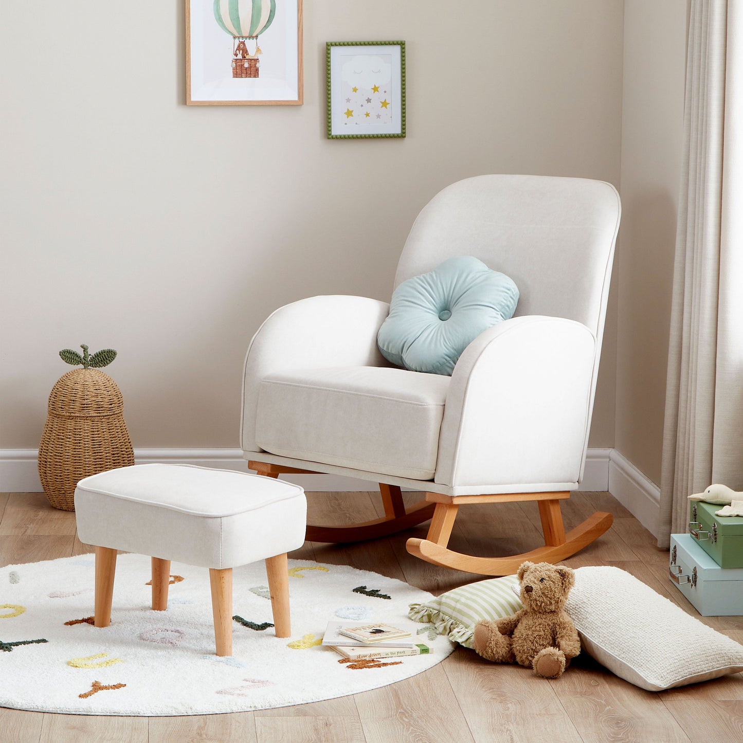 babymore freya rocking nursing chair in cream with matching footstool in modern nursery