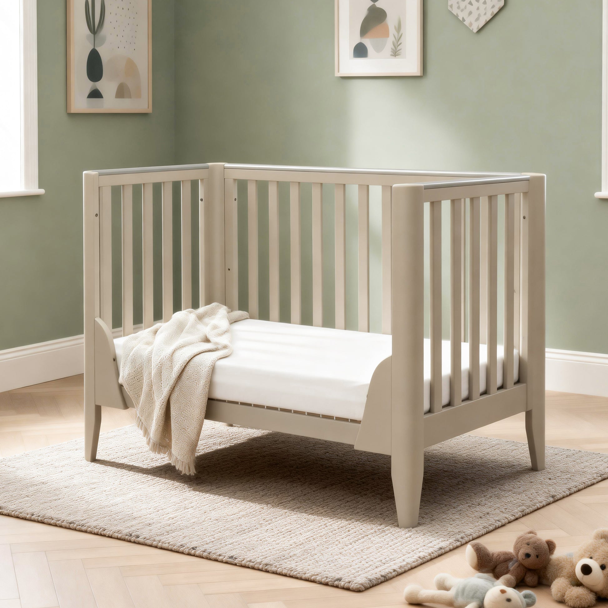 Babymore Iris cot bed 120x60cm cashmere converted into toddler bed in nursery bedroom