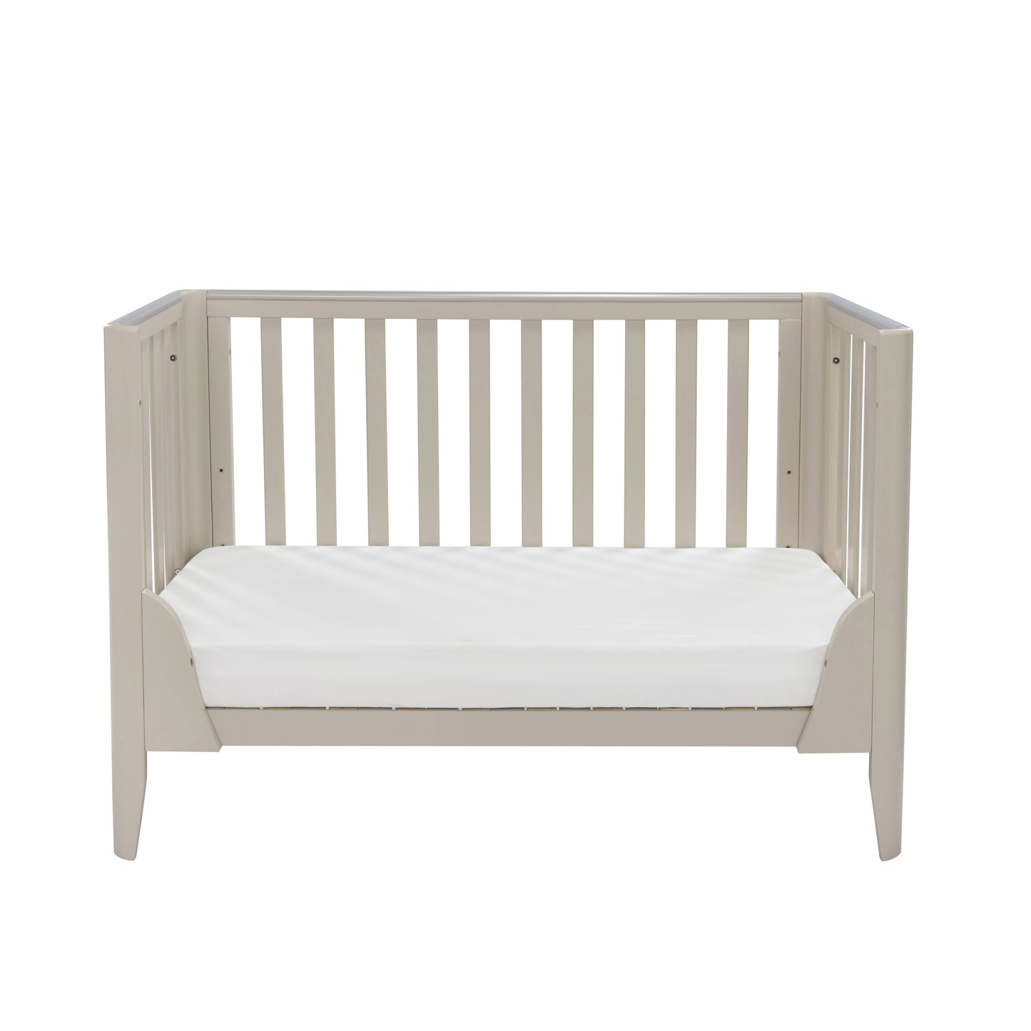 Babymore Iris cot bed cashmere with side removed to convert into toddler bed on plain white background