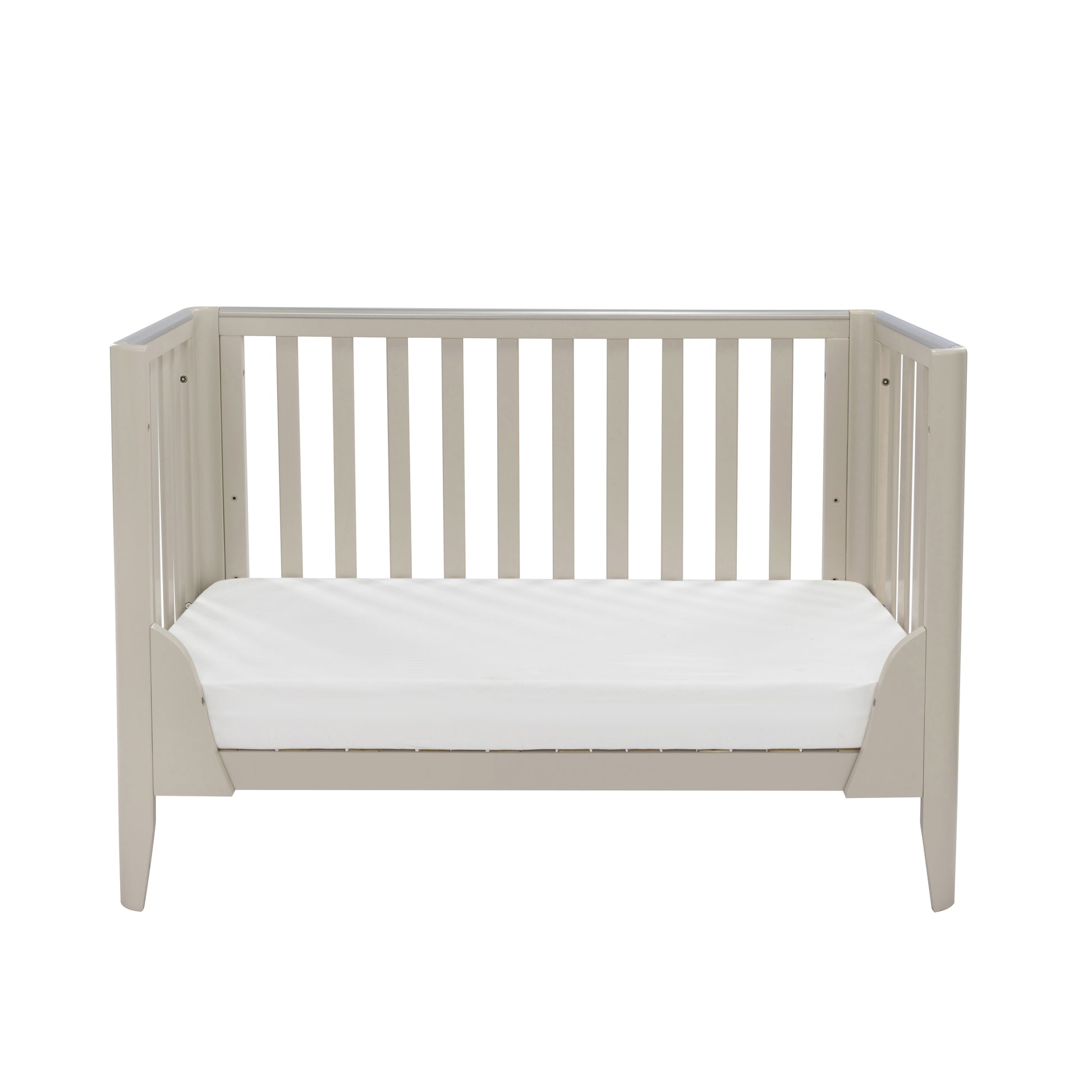 Babymore Iris cot bed cashmere with side removed to convert into toddler bed on plain white background