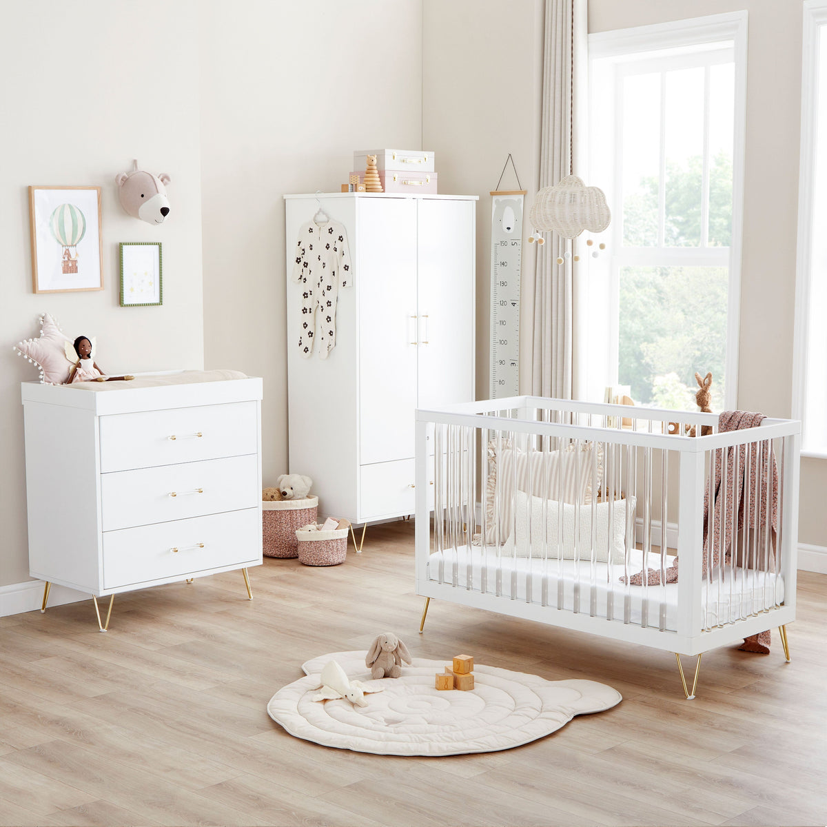 Babymore Kimi Acrylic 3 piece nursery furniture set with 120 x 60cm cot bed, dresser changer and wardrobe