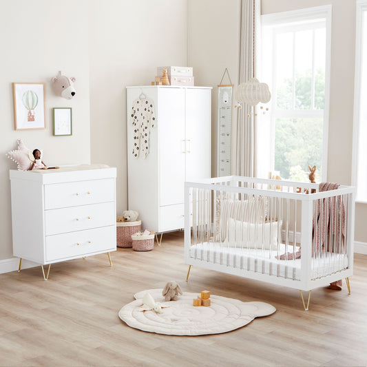 Babymore Kimi Acrylic 3 piece nursery furniture set with 120 x 60cm cot bed, dresser changer and wardrobe