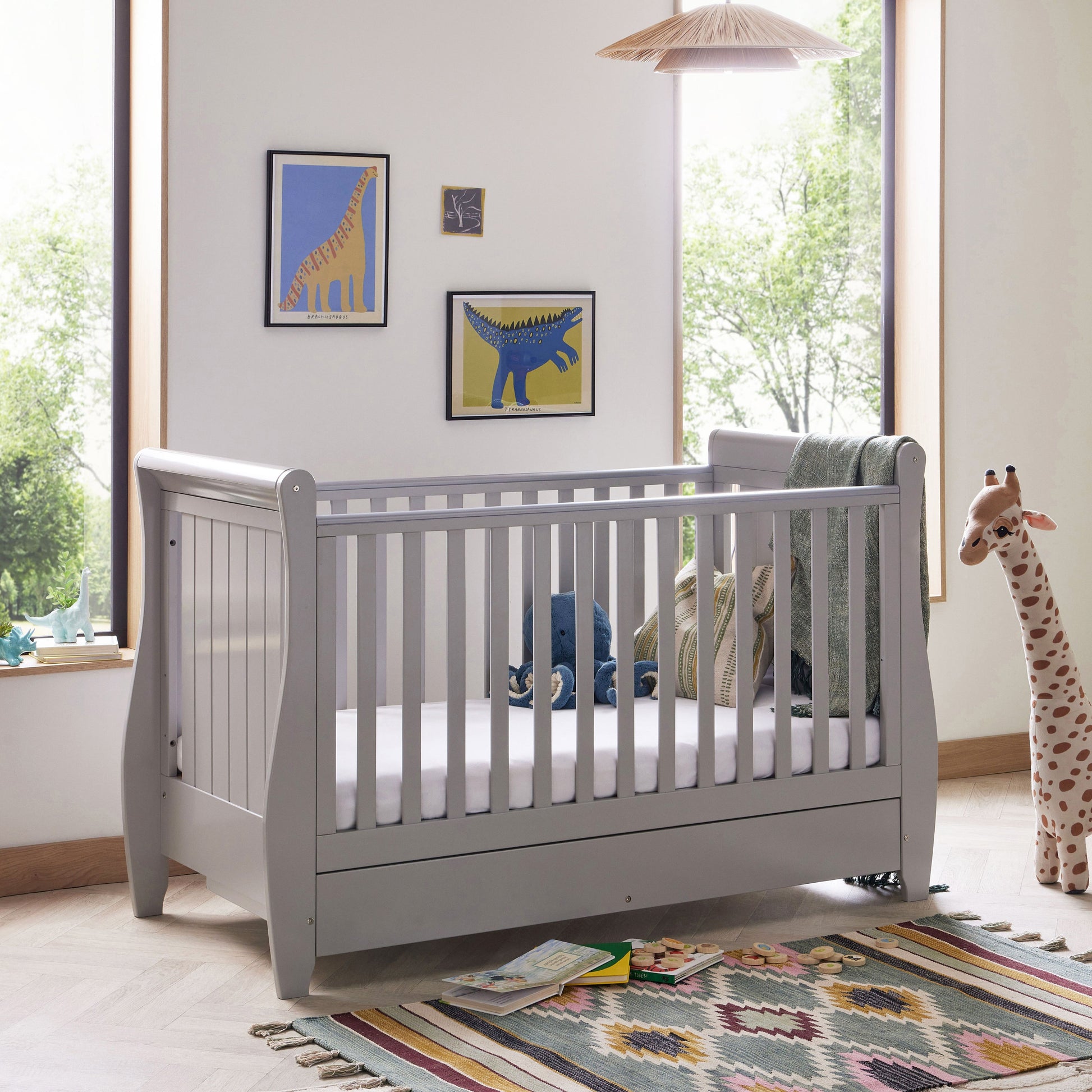 Babymore stella sleigh cot bed grey in modern nursery bedroom