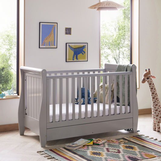 Babymore stella sleigh cot bed grey in modern nursery bedroom