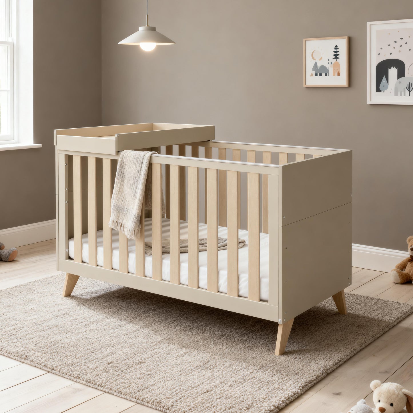 Babymore Dante Cot Bed 140 x 70 cm inc Cot Top Changer Cashmere