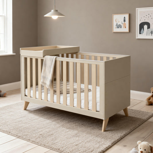 Babymore Dante Cot Bed 140 x 70 cm inc Cot Top Changer Cashmere