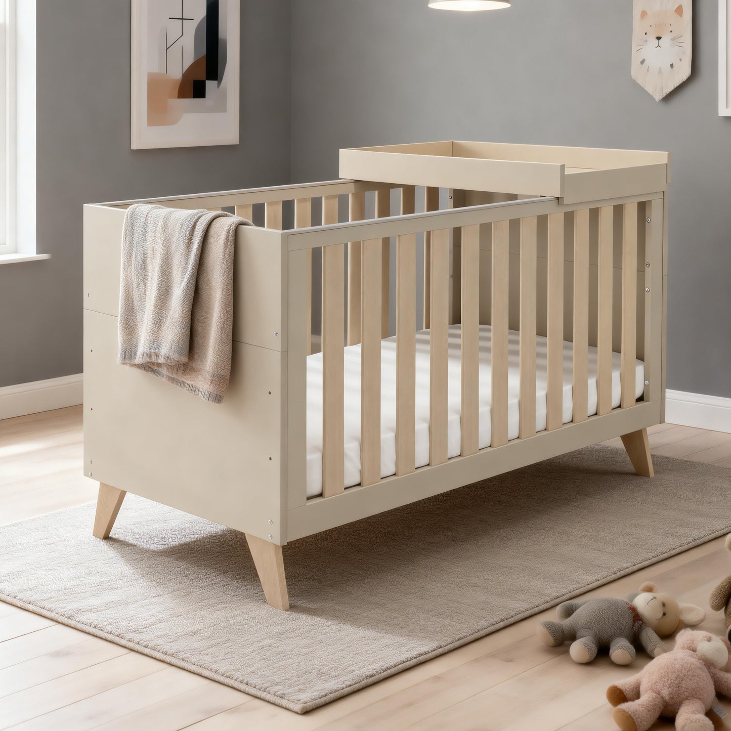 Babymore Dante Cot Bed 140 x 70 cm inc Cot Top Changer Cashmere