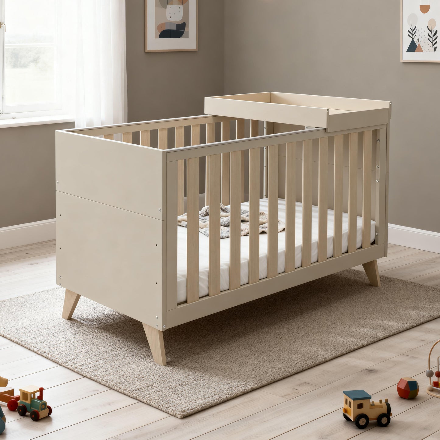 Babymore Dante Cot Bed 140 x 70 cm inc Cot Top Changer Cashmere