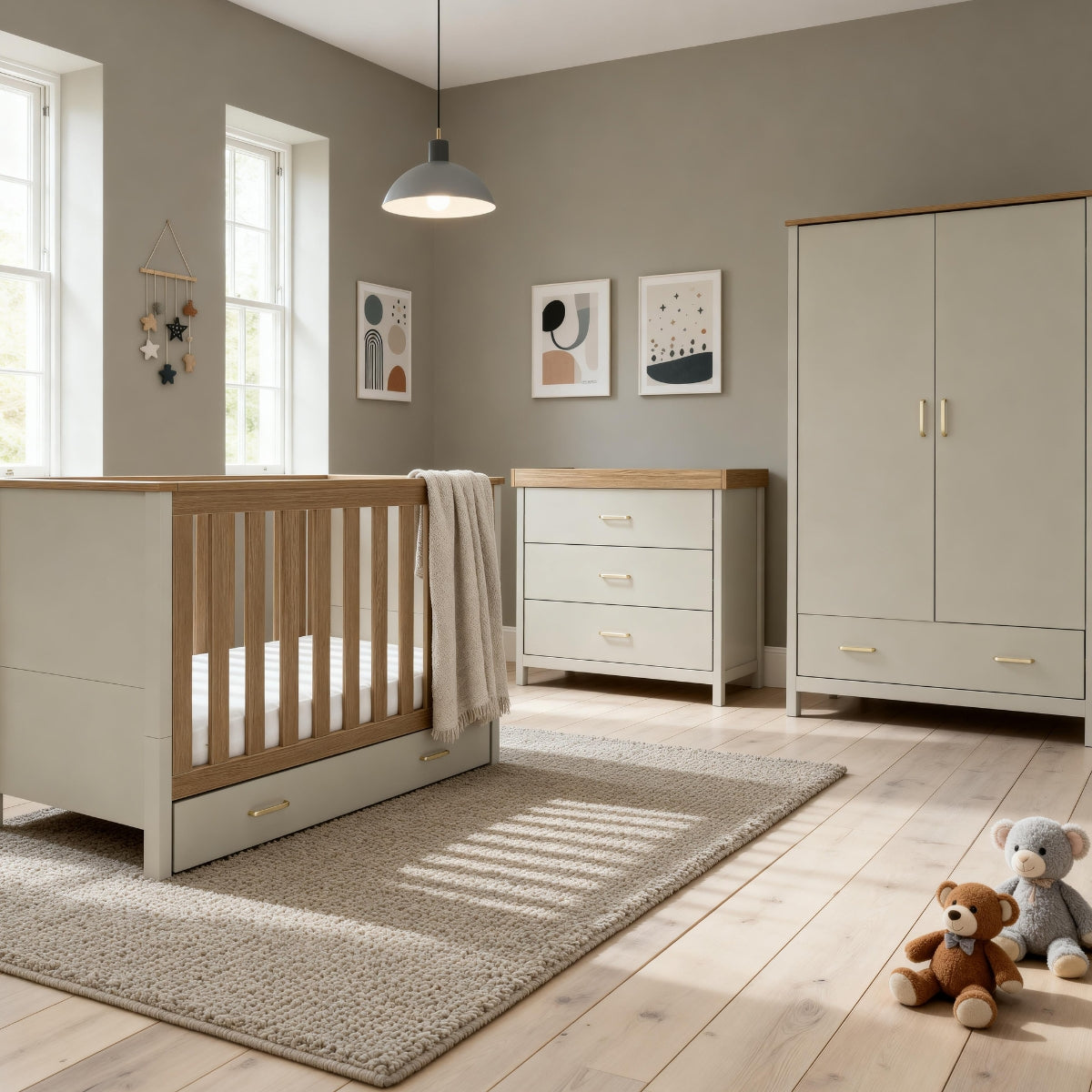 Babymore Mira 3 Piece Nursery Room Set in Cashmere Warm Oak with cot bed, chest changer and wardrobe in modern nursery