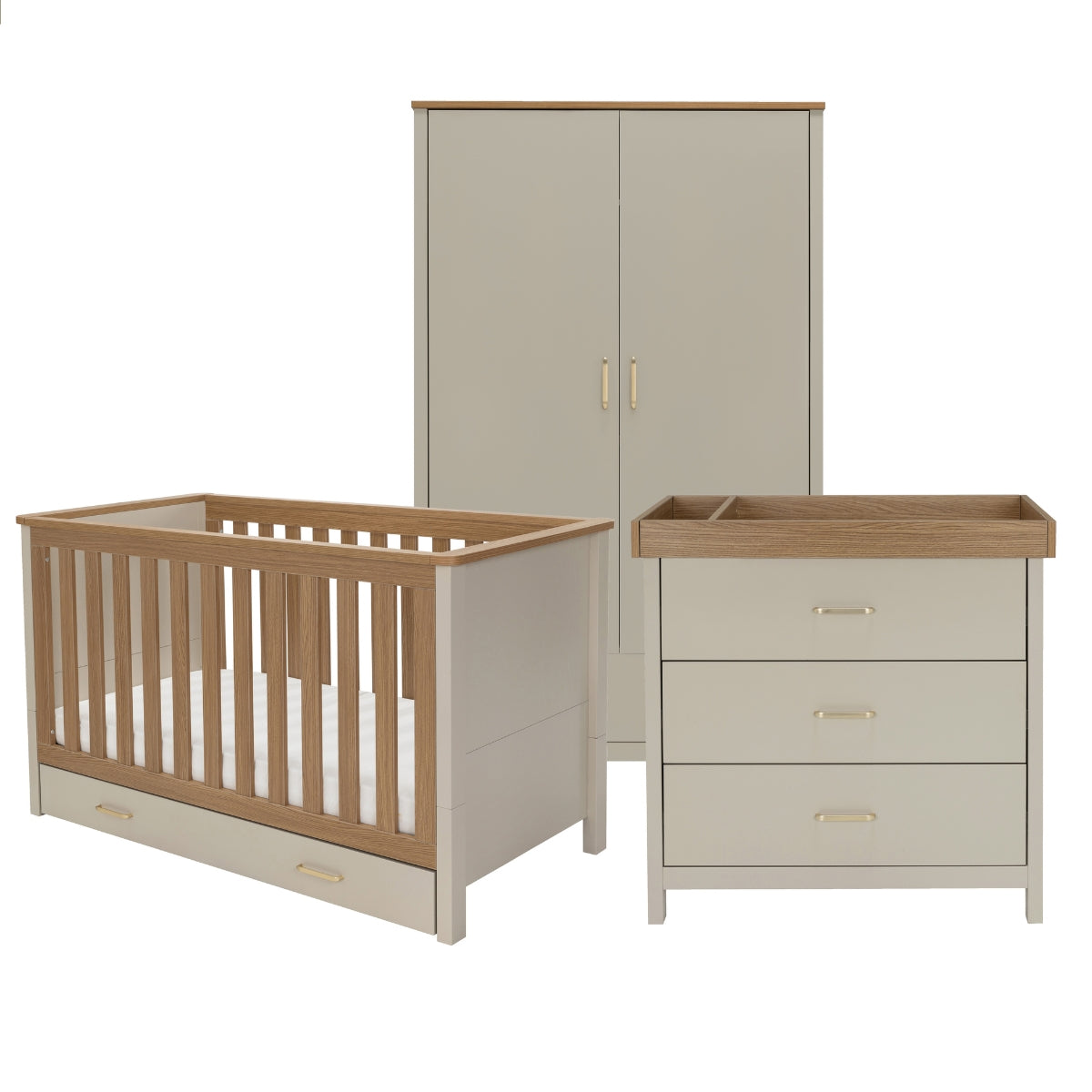 Babymore Mira 3 Piece Nursery Room Set in Cashmere Warm Oak with cot bed, chest changer and wardrobe on white background