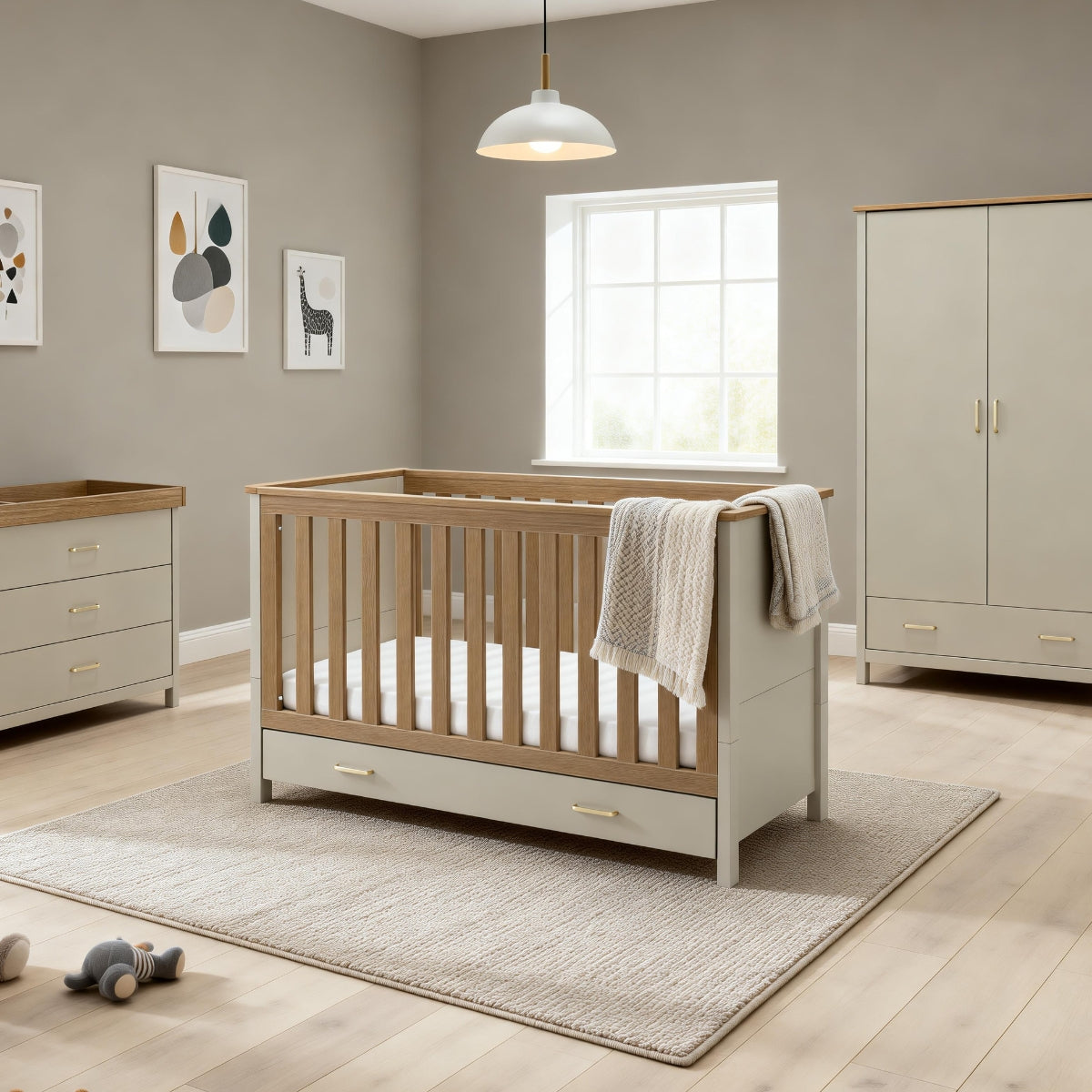 Babymore Mira 3 Piece Nursery Room Set in Cashmere Warm Oak with cot bed, chest changer and wardrobe in large nursery